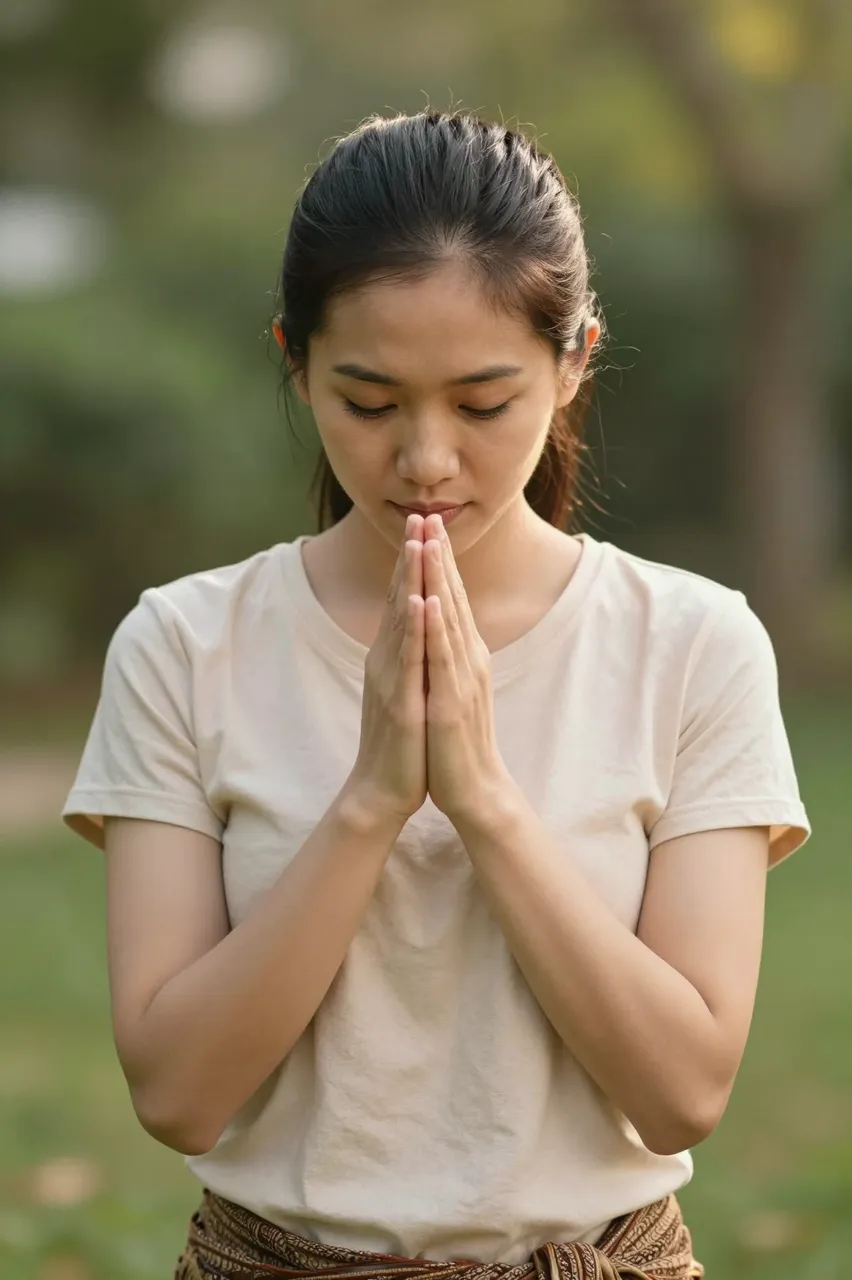 Young Southeast Asian woman holds palms together with head bowed in a sunlit garden