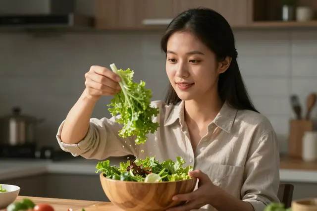 A young Southeast Asian woman adds leafy greens to a wooden salad bowl in a sunlit kitchen.