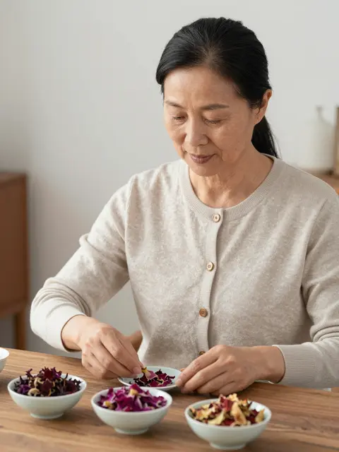 Mature East Asian woman in a cardigan sorts dried flower petals into small bowls at a wooden table