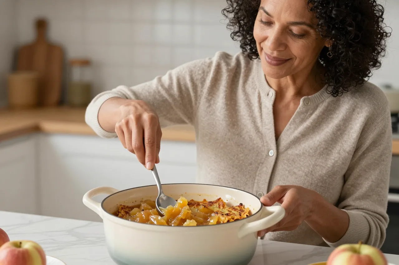 A mixed-race woman in her fifties stirs cooked fruit in a ceramic pot in a warm kitchen.