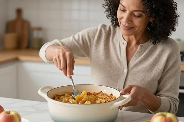 A mixed-race woman in her fifties stirs cooked fruit in a ceramic pot in a warm kitchen.