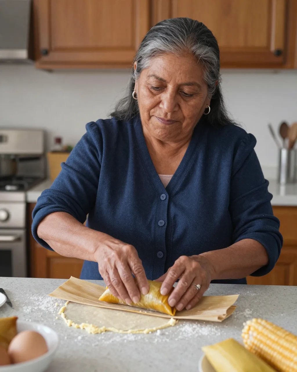Older Latina woman folding a tamale on a corn husk at a kitchen counter