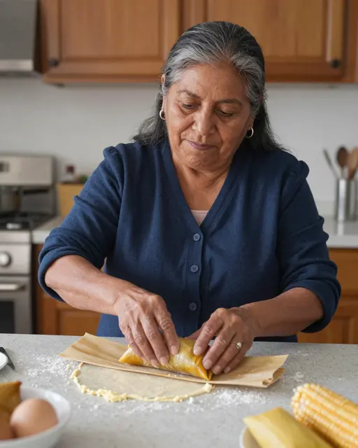 Older Latina woman folding a tamale on a corn husk at a kitchen counter