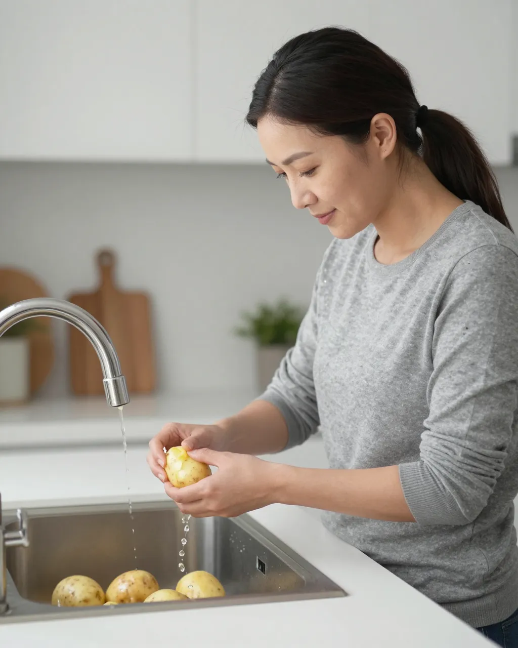 An East Asian woman washes and peels a potato over a kitchen sink on a holiday morning.