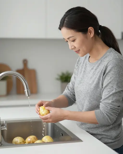 An East Asian woman washes and peels a potato over a kitchen sink on a holiday morning.