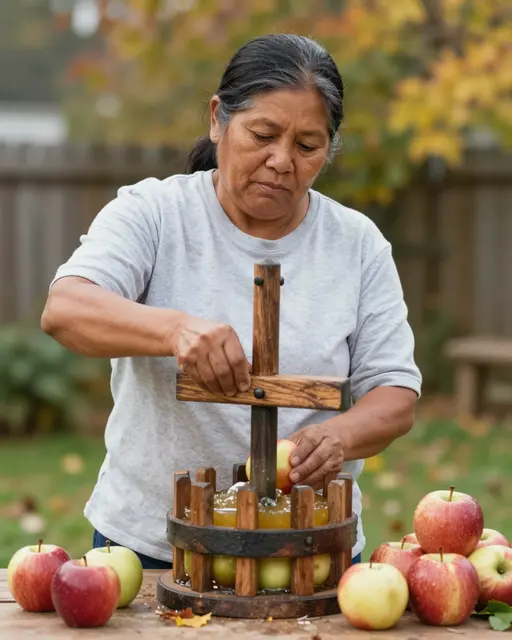 A mature woman uses a small wooden press to make apple juice in an autumn backyard