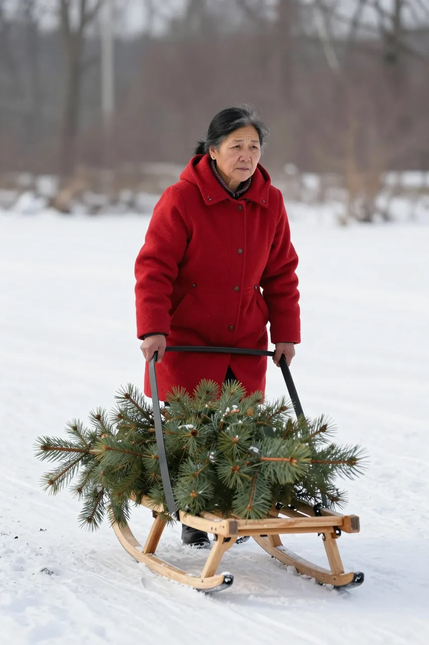 Mature woman in a red coat pulls a wooden sled carrying a fresh fir tree across snowy ground