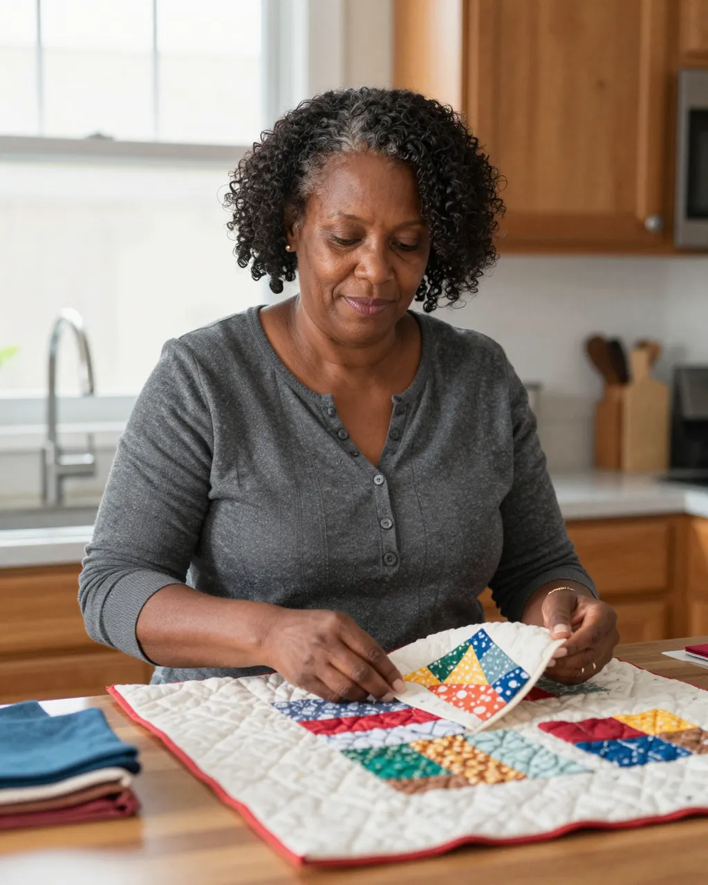 A middle aged Black woman works on a patchwork quilt at a sunlit kitchen table.