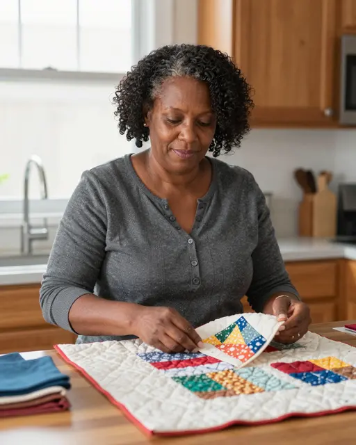 A middle aged Black woman works on a patchwork quilt at a sunlit kitchen table.
