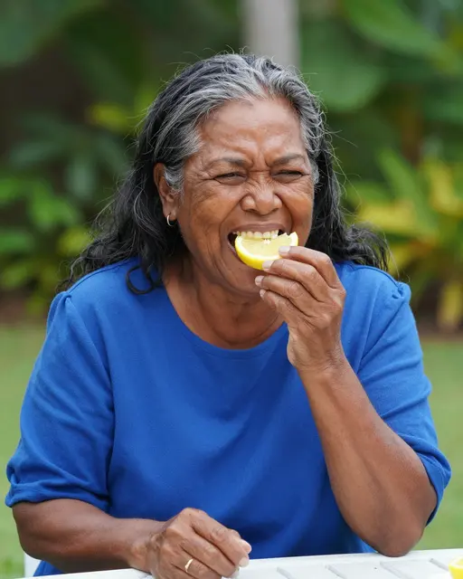 Senior Pacific Islander woman wincingly bites into a fresh lemon slice at an outdoor garden table.