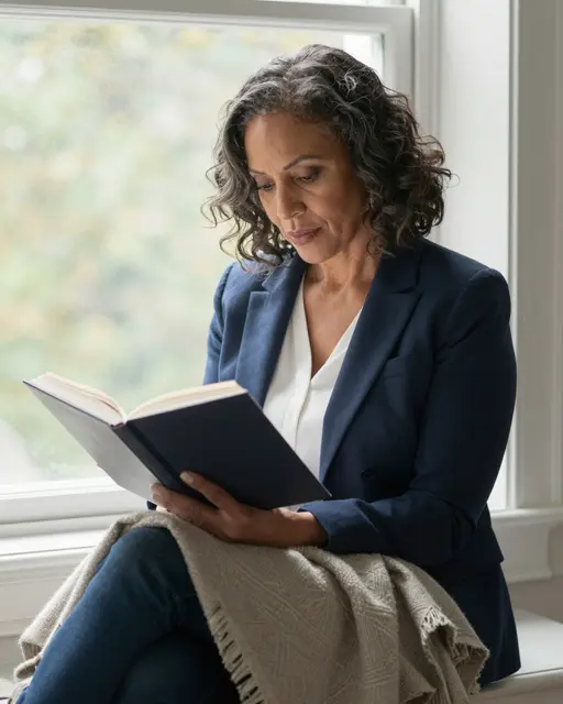 A mixed-race woman in her fifties reads an open book while seated in a bay window with a blanket over her knees.