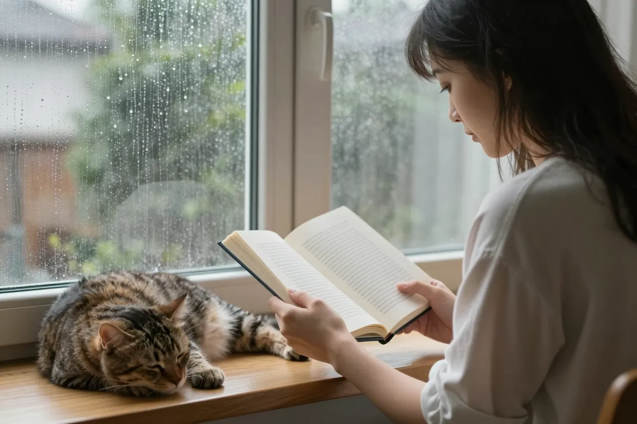 A woman reads an open book beside a sleeping tabby cat on a rainy wooden window seat.