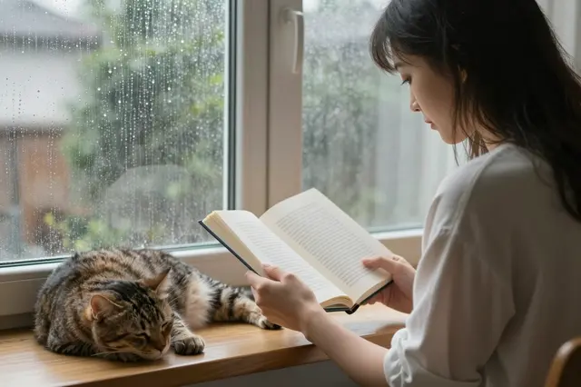 A woman reads an open book beside a sleeping tabby cat on a rainy wooden window seat.