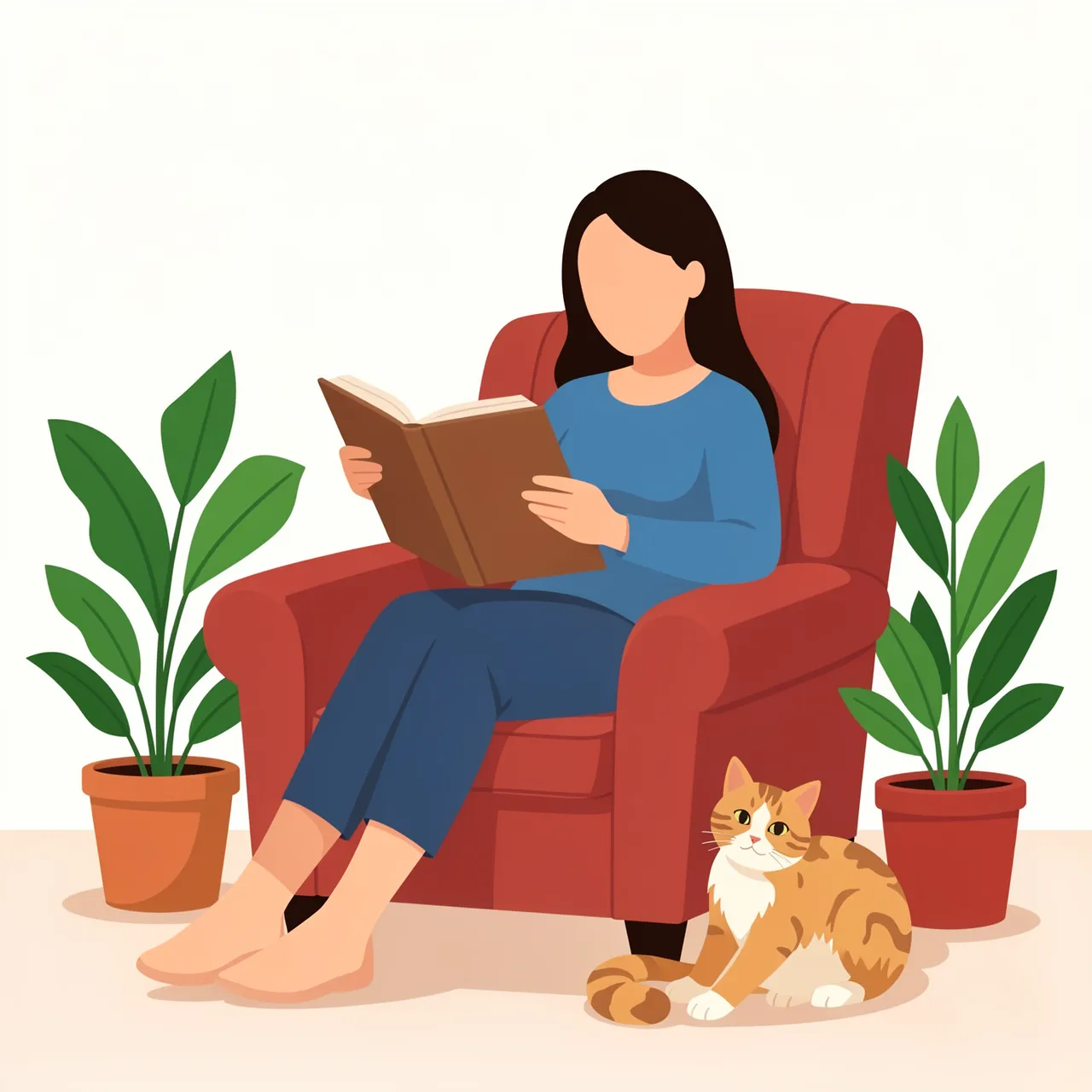 Faceless woman reads an open book while seated in a red armchair with a tabby cat and potted houseplants nearby