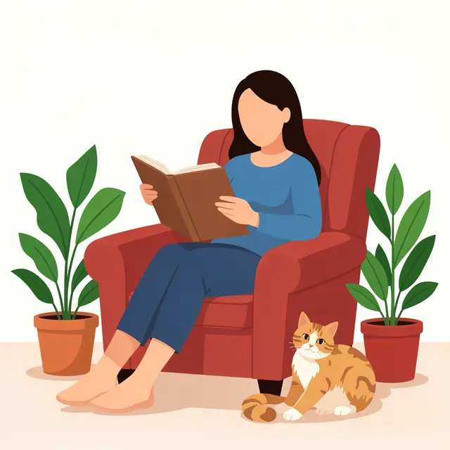 Faceless woman reads an open book while seated in a red armchair with a tabby cat and potted houseplants nearby