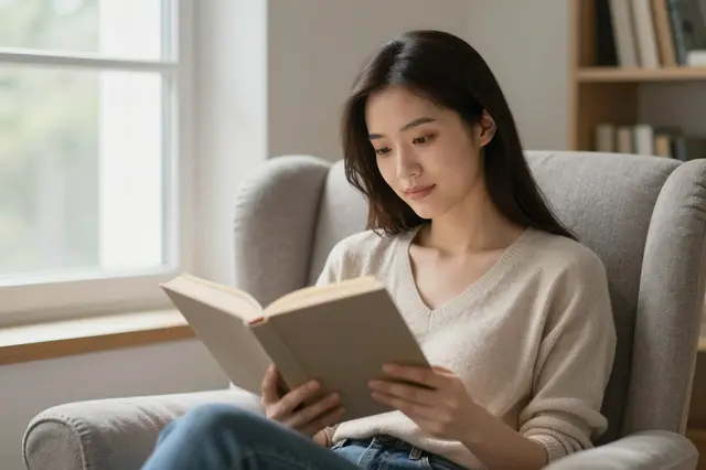 A young woman sits in a plush armchair by a sunlit window, reading an open hardcover book.