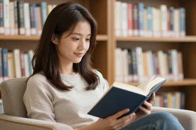 A woman sits comfortably in a library armchair reading an open book under soft warm light