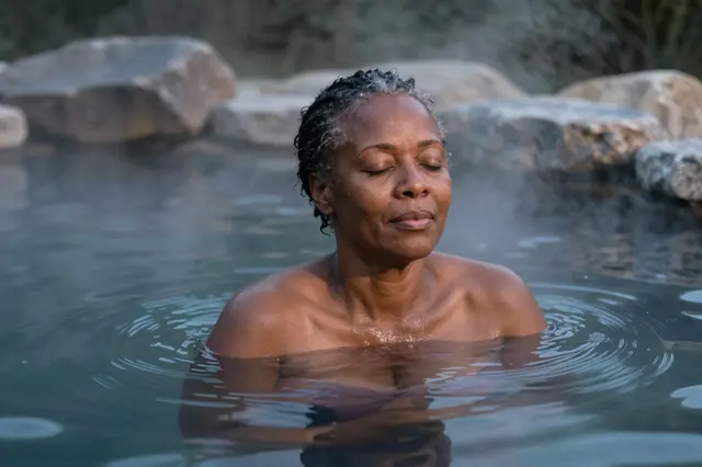 A middle-aged Black woman with closed eyes relaxes shoulder-deep in a steaming natural rock hot spring at dusk
