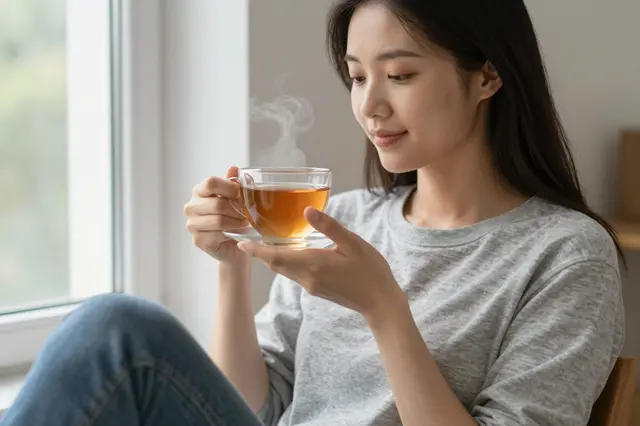 A calm woman sits by a window holding a steaming glass cup of tea.
