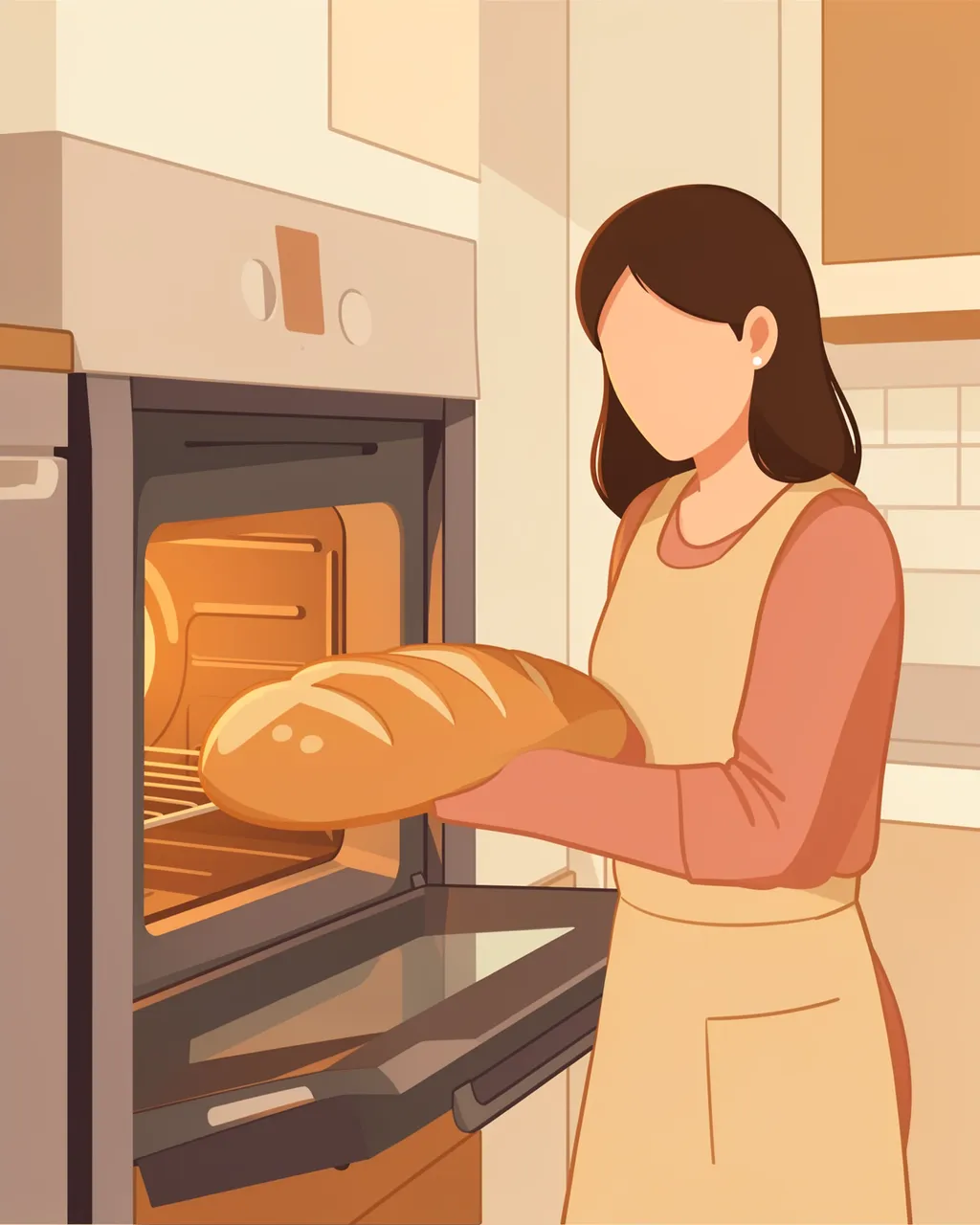 Faceless woman in an apron holds a warm loaf of bread next to an open kitchen oven.