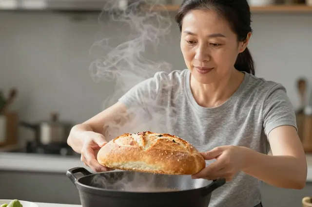 An East Asian woman lifts a golden freshly baked loaf from a cast iron pot as steam rises in a home kitchen.