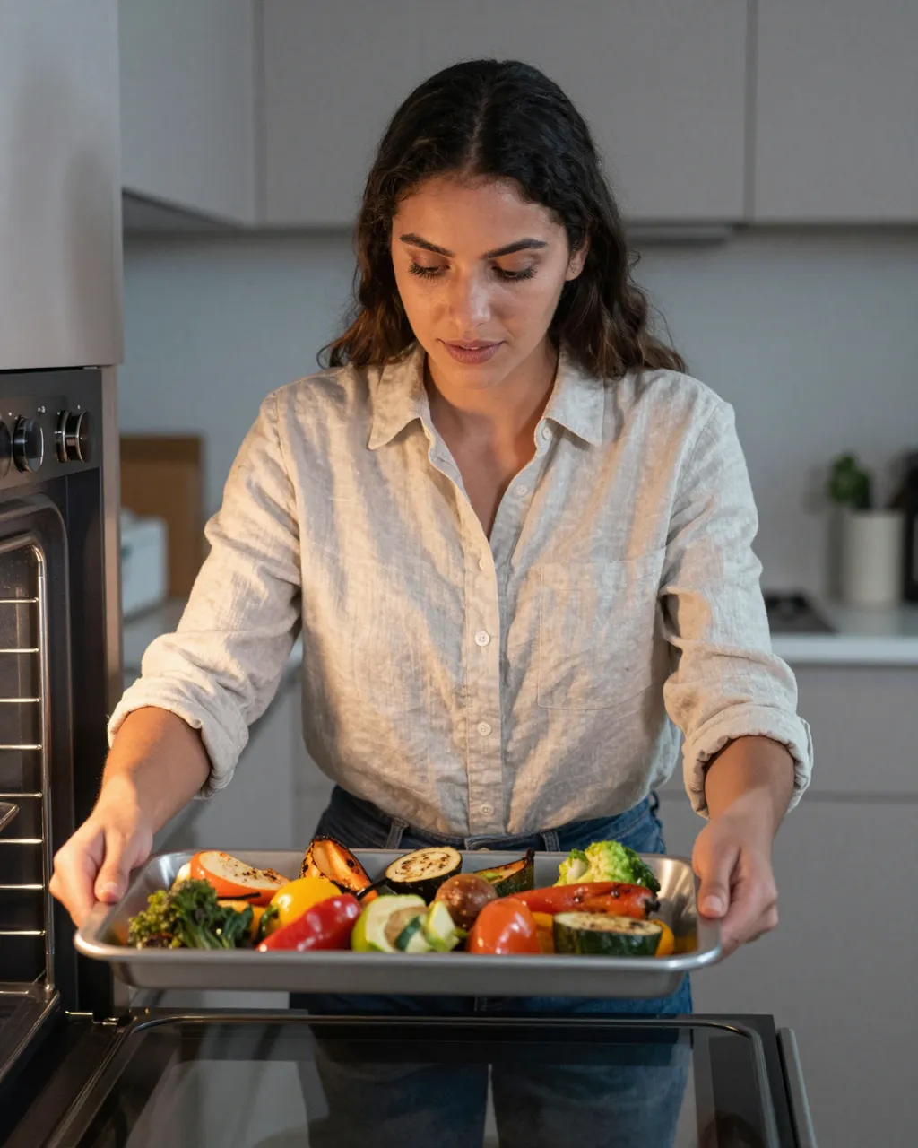 A woman in a linen shirt holds a baking tray of roasted vegetables next to an open kitchen oven.