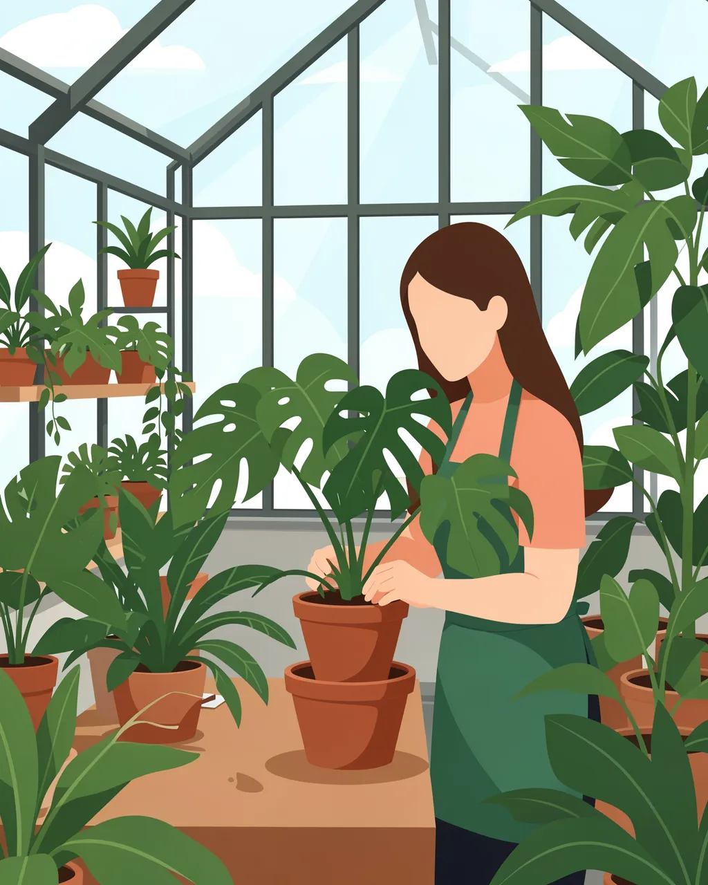 A faceless woman repots a monstera houseplant at a potting bench inside a bright glass greenhouse.