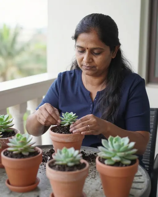 South Asian woman tends potted succulents on a balcony table in soft morning light