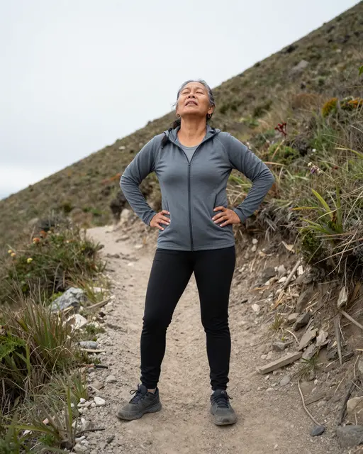 Older Indigenous woman stands with hands on hips breathing deeply at the top of a steep hill trail