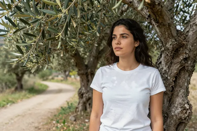 A woman in a plain white t-shirt leans against an old olive tree beside a dirt hiking path