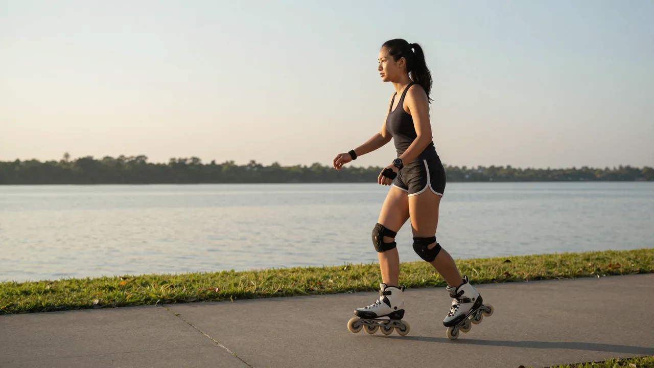 Side view of a Southeast Asian woman inline skating along a paved lakeside path at golden sunset
