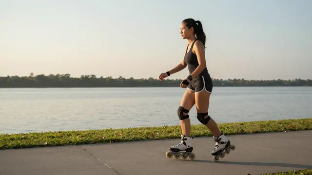 Side view of a Southeast Asian woman inline skating along a paved lakeside path at golden sunset