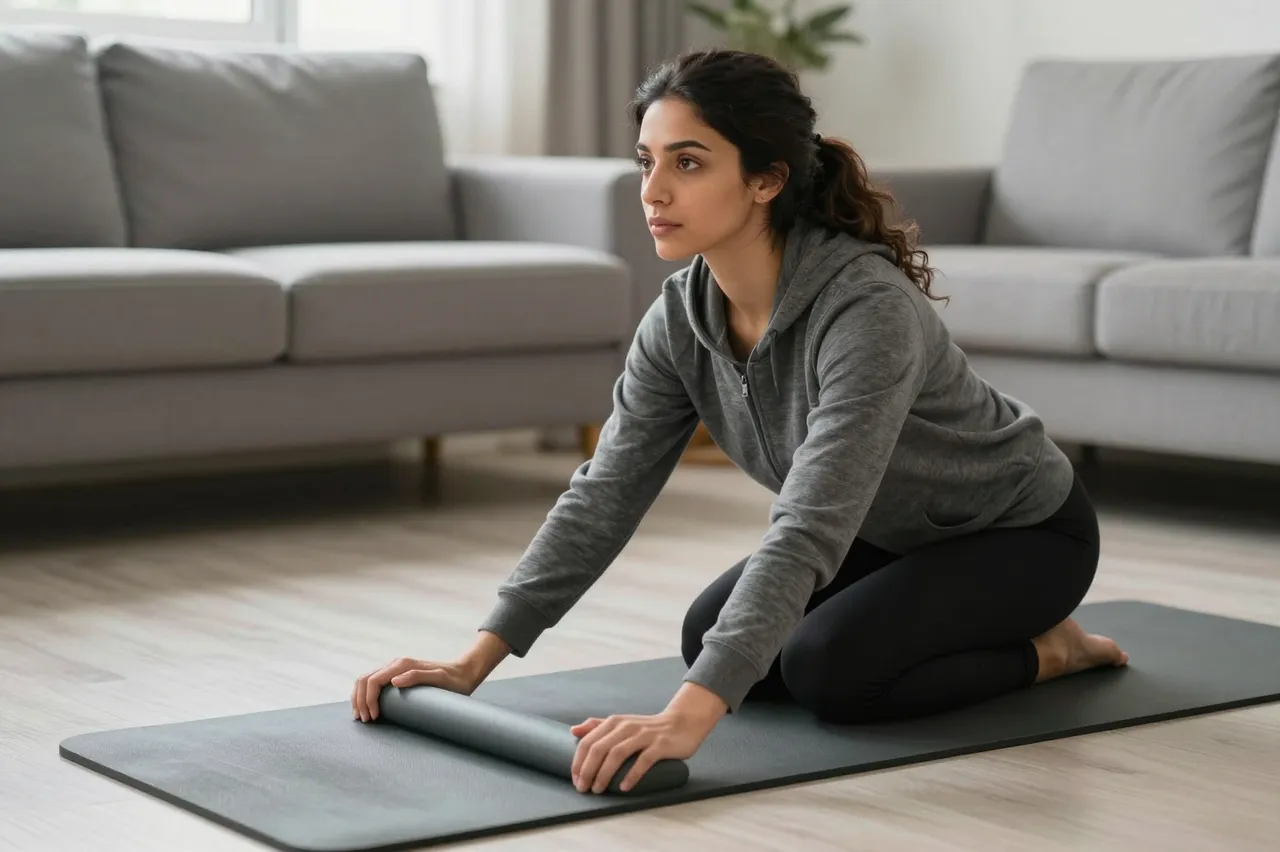 A young woman kneels on a living room floor unrolling a dark exercise mat between two gray sofas.