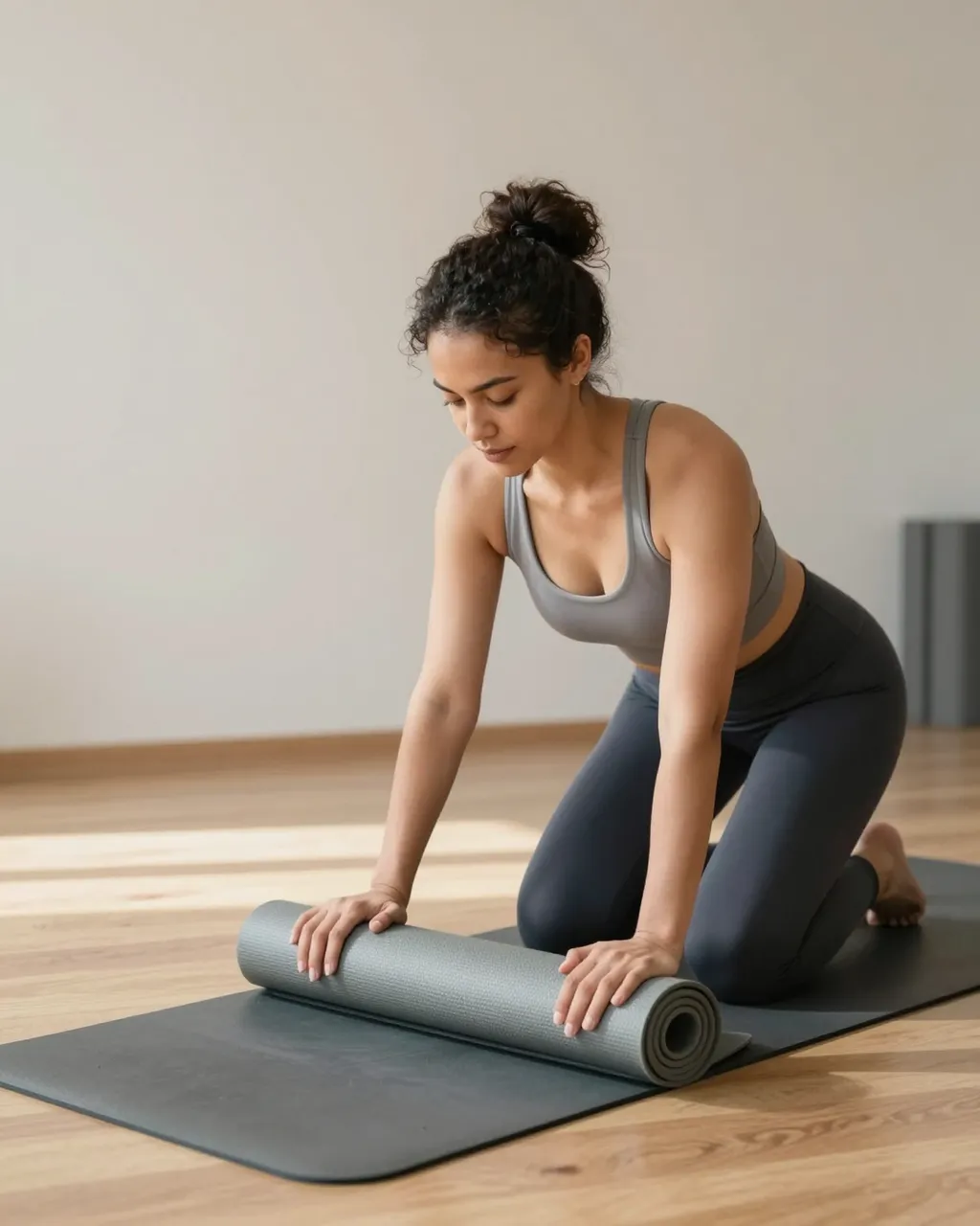 A mixed-race woman kneels on a wooden studio floor rolling up a gray yoga mat in sunlit space.