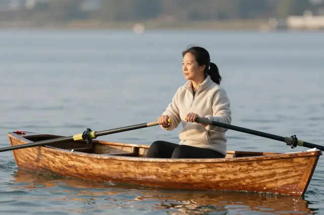 Middle aged East Asian woman rows a wooden dinghy across calm water at sunrise