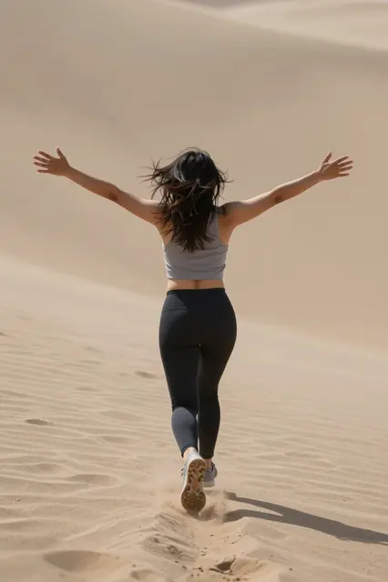 Back view of a woman with arms outstretched running down a steep sandy dune