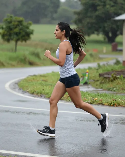 Side view of a woman in athletic wear running on a wet paved country road during rain, splashing water at her feet.