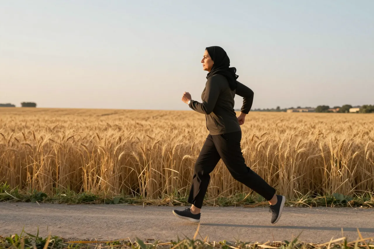 Side view of a Middle Eastern woman in athletic wear and a headscarf running along a paved path beside a golden wheat field