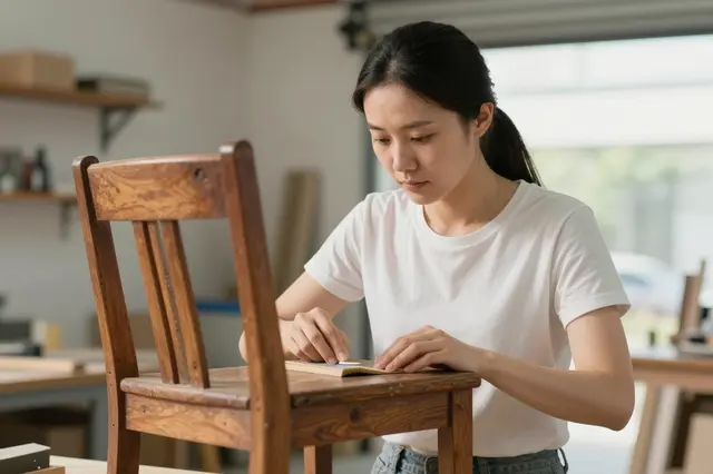 East Asian woman in a plain white t-shirt sands a wooden chair in a bright sunlit garage workshop
