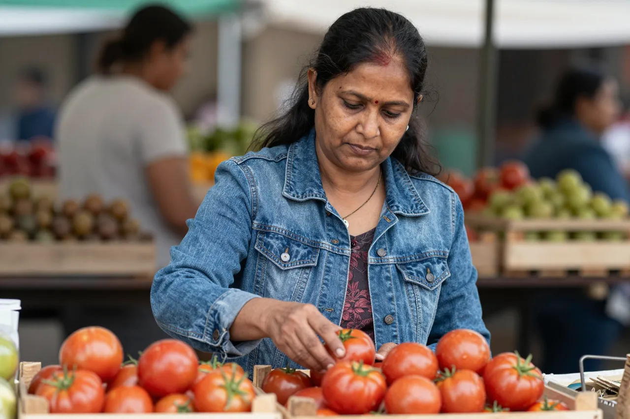 South Asian woman in a denim jacket picks heirloom tomatoes from a wooden crate at an outdoor market