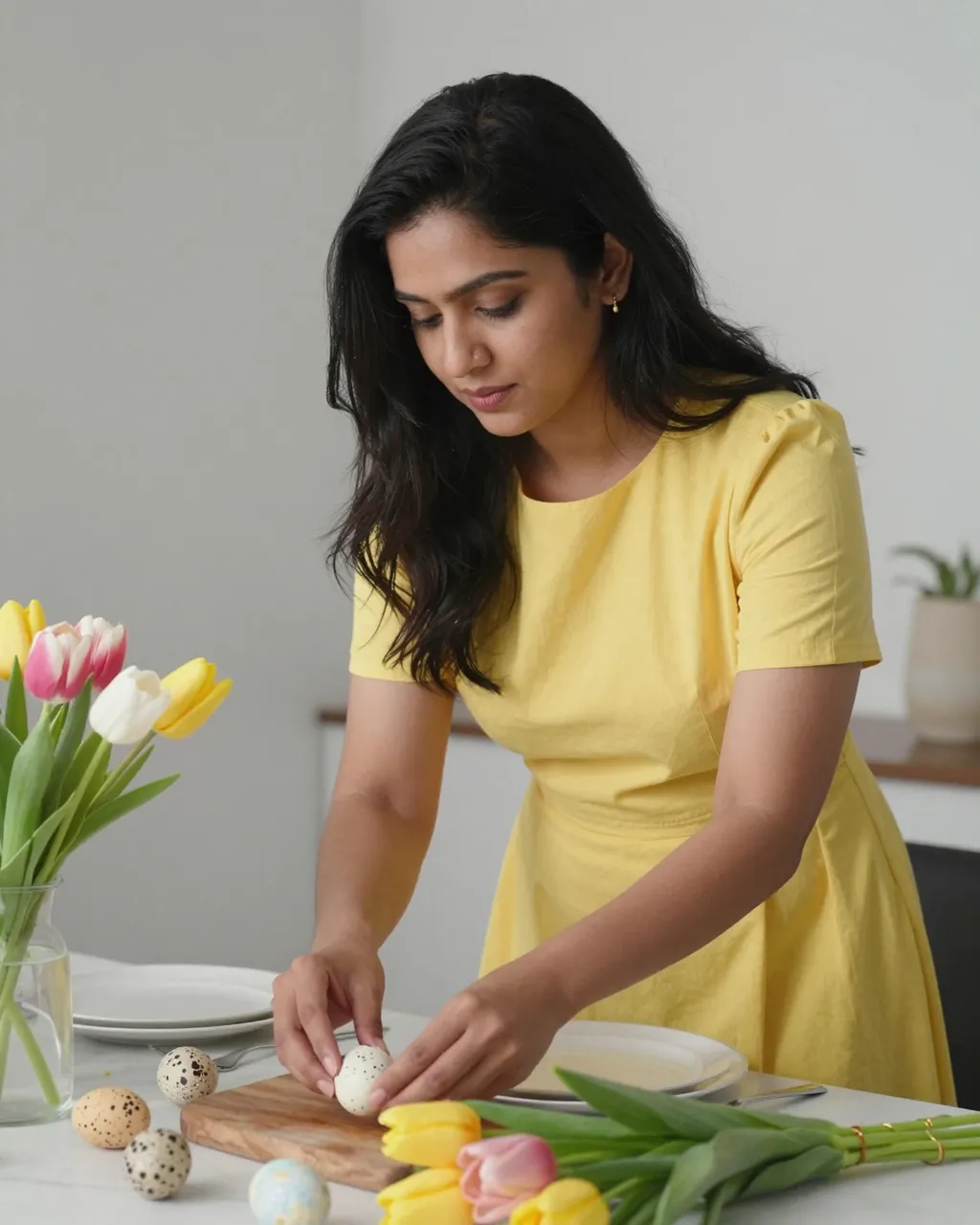 South Asian woman in a yellow dress arranges speckled Easter eggs and tulips on a dining table.