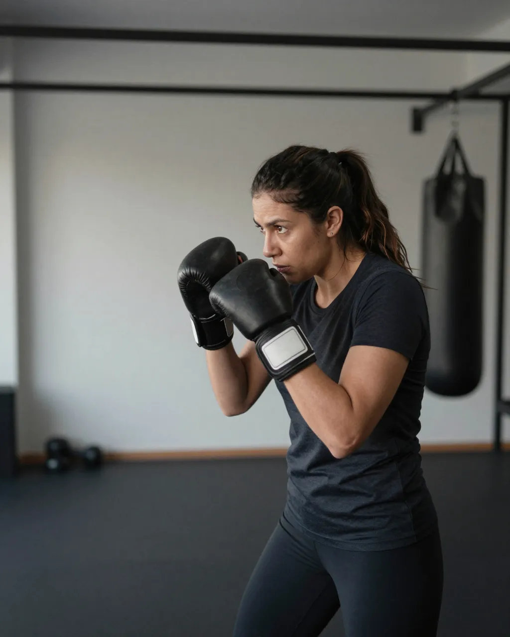 A Latina woman in her thirties shadowboxes wearing boxing gloves inside an empty gym