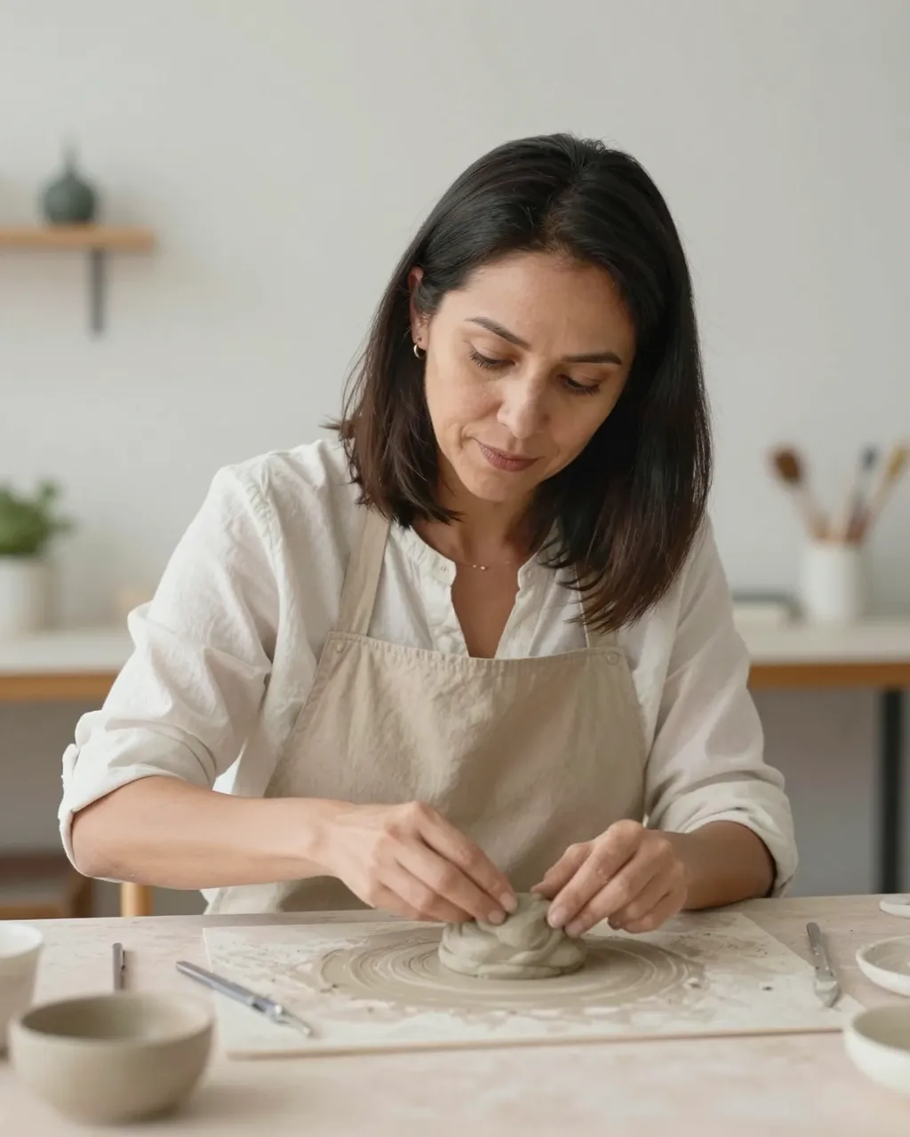 A Latina woman in her forties shapes soft clay at a pottery table in a sunlit calm art space