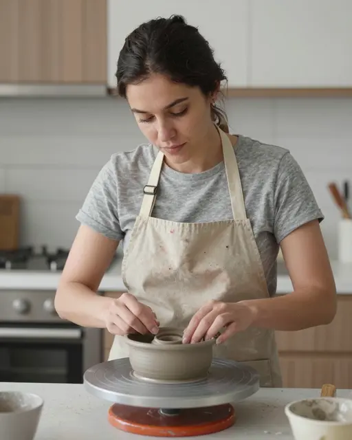 A woman in a gray t-shirt and apron shapes a clay pot on a pottery wheel at a kitchen table