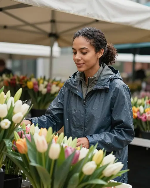 A mixed-race woman in a wet rain jacket examines fresh tulips at an outdoor market stall under a canvas awning.
