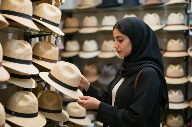 A Middle Eastern woman in a black headscarf examines a straw hat inside a hat shop.