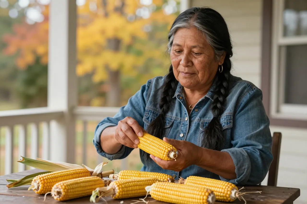 A mature Indigenous woman shucks corn while seated at a wooden porch table in soft autumn sunlight.
