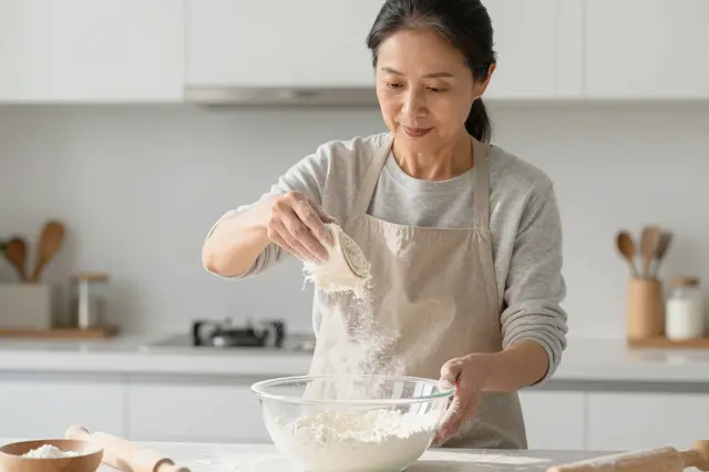A middle aged East Asian woman sifts flour into a glass mixing bowl in a bright minimalist kitchen