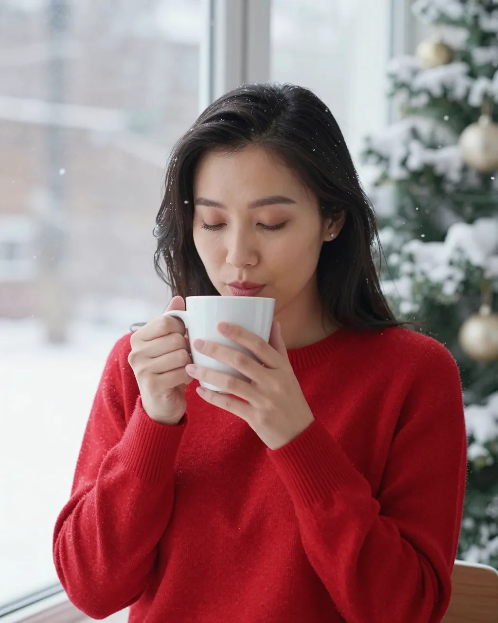 A Southeast Asian woman in a red sweater sips from a white mug beside a snowy window and decorated Christmas tree.