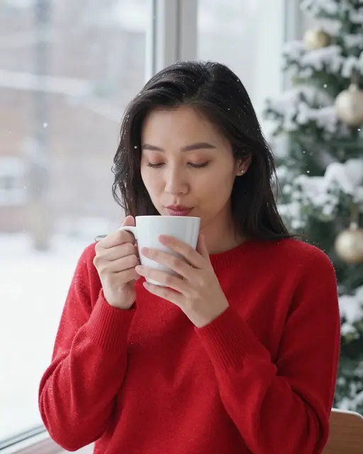 A Southeast Asian woman in a red sweater sips from a white mug beside a snowy window and decorated Christmas tree.